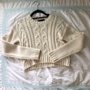 Cream Cropped Cable Knit Sweater